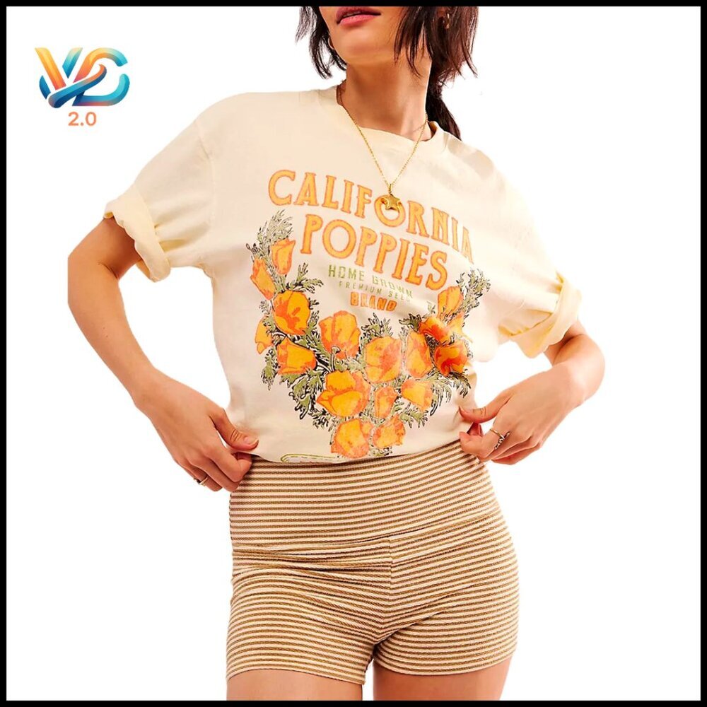 Oversized Vintage Flower Graphic Tee, Polyester Blend, Loose‎ Fit Summer Top